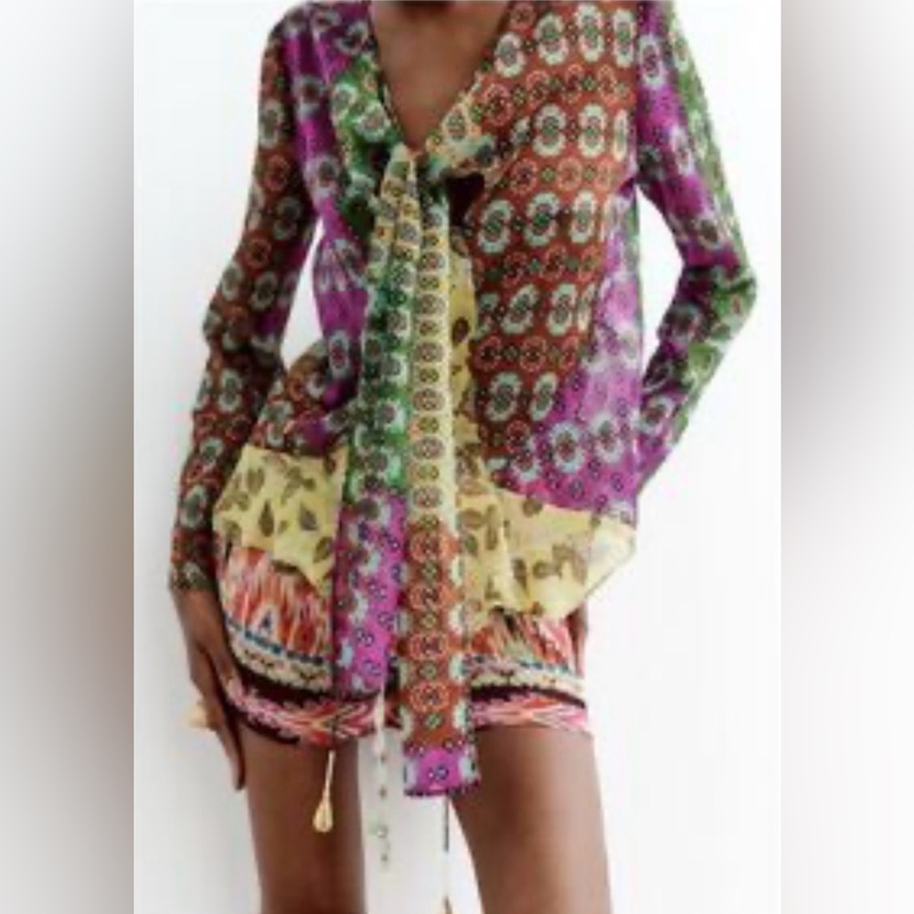 Zara Mixed-Print Tie-Front Womens Top small Ptp 19
